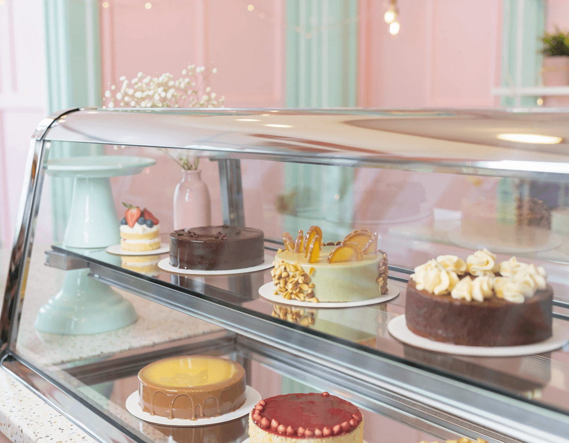 Display case full of cakes